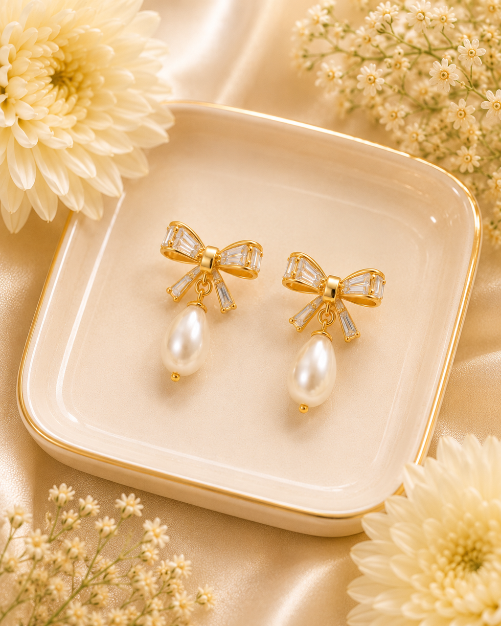 Gold-Toned Bow Pearl Drop Earrings for Women | Crystal Studded Elegant Earrings