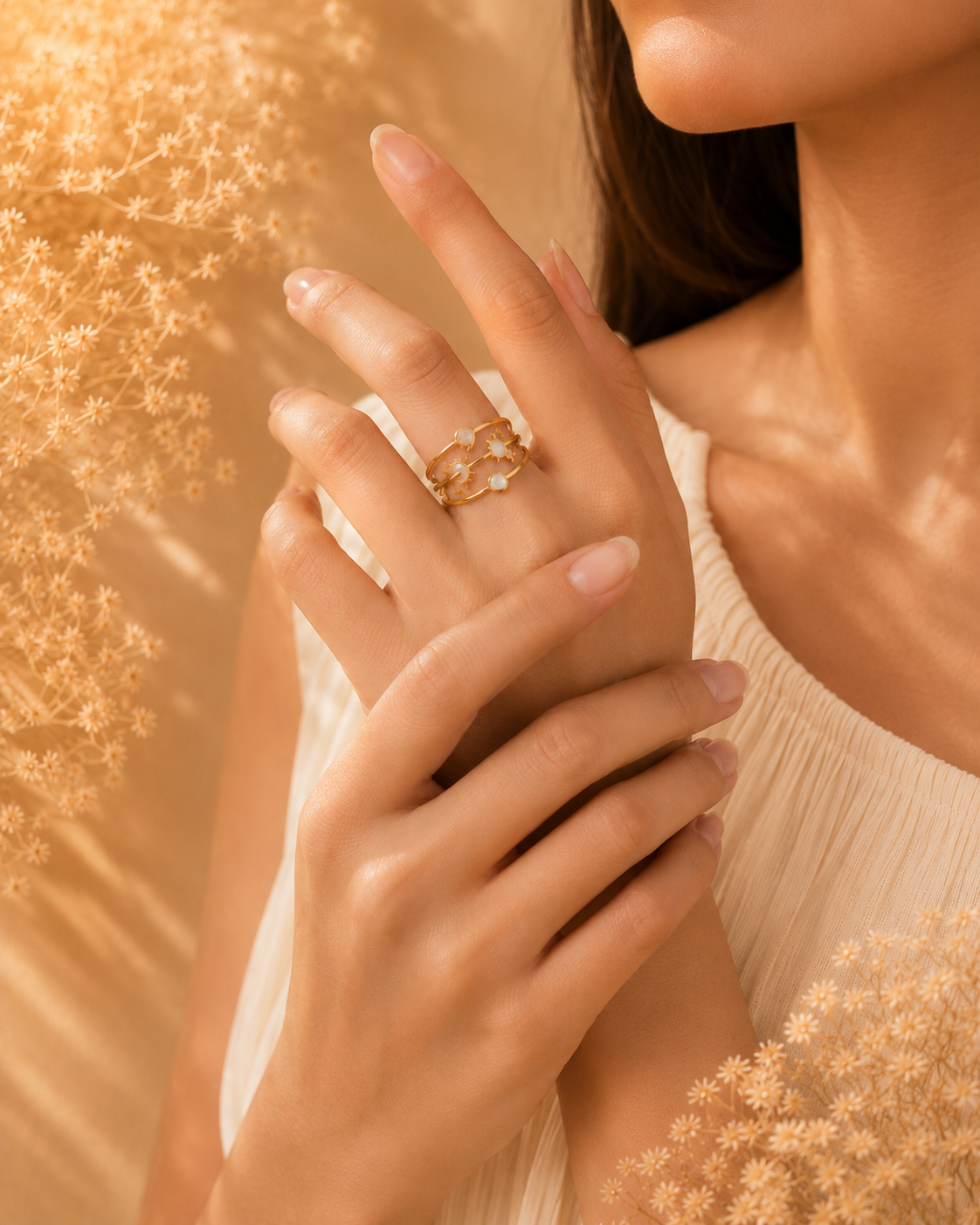 Adya Celestial Harmony Gold-Plated Adjustable Ring for Women