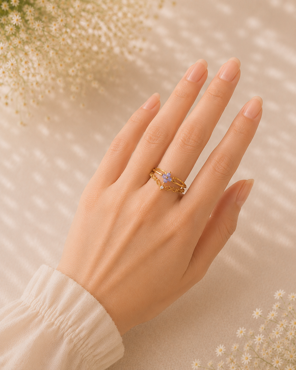 Adya Lavender Blossom Gold-Plated Adjustable Ring for Women