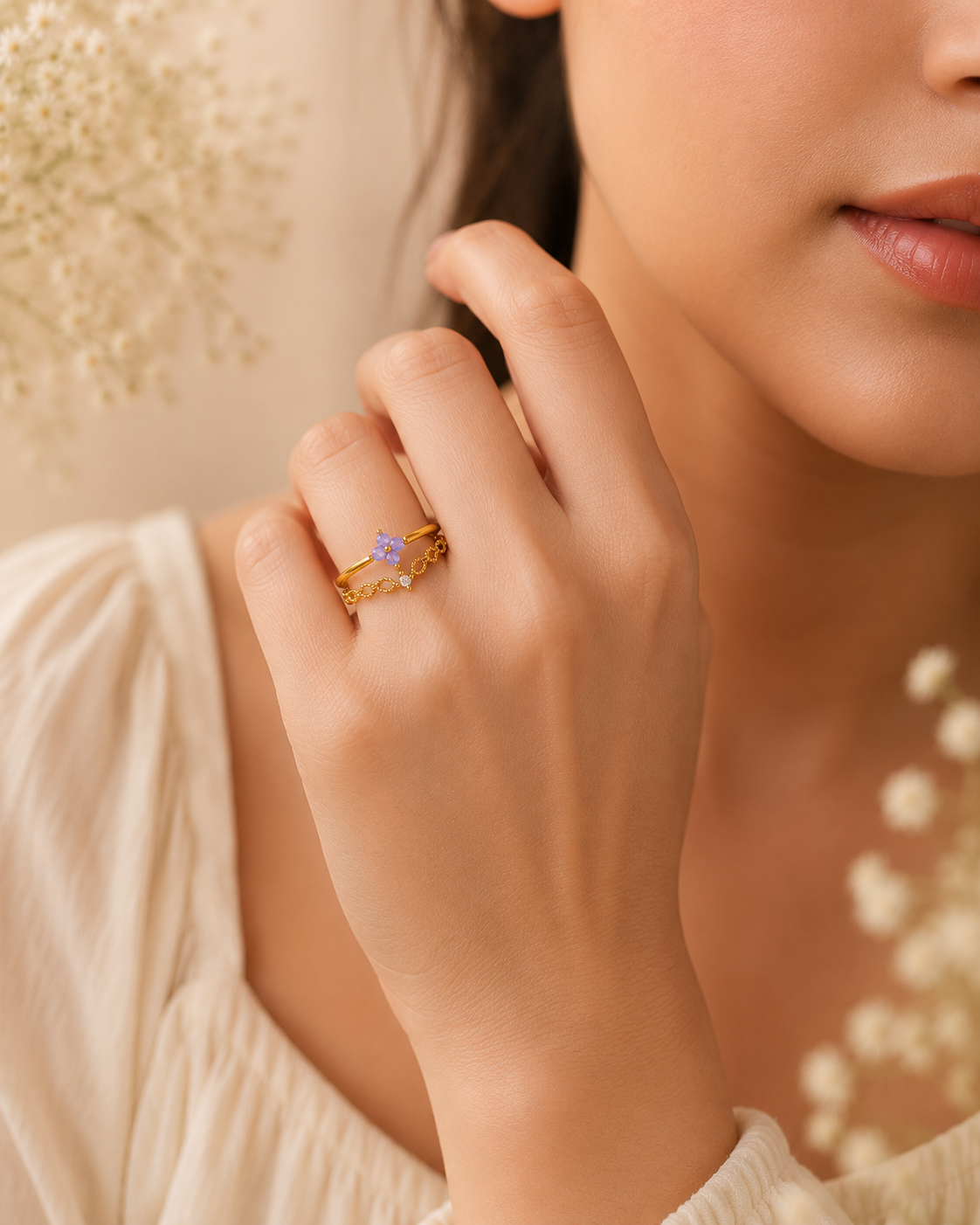 Adya Lavender Blossom Gold-Plated Adjustable Ring for Women