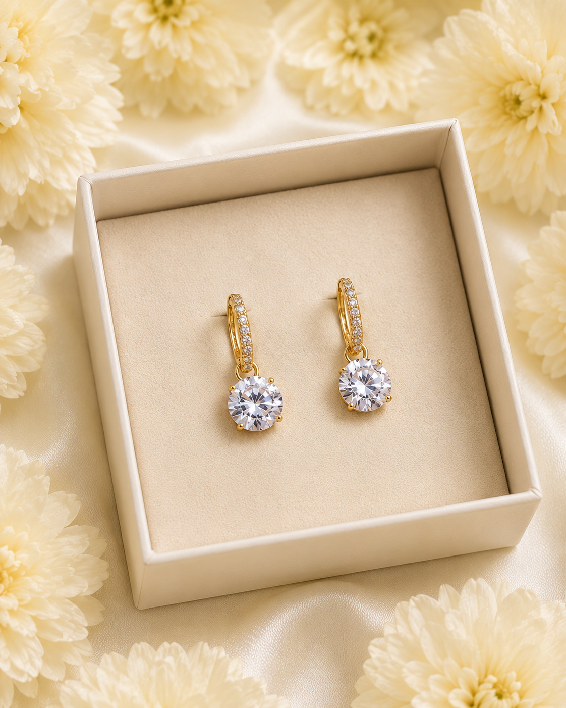 Gold-Toned Solitaire Crystal Drop Hoop Earrings for Women | Elegant Everyday Earrings