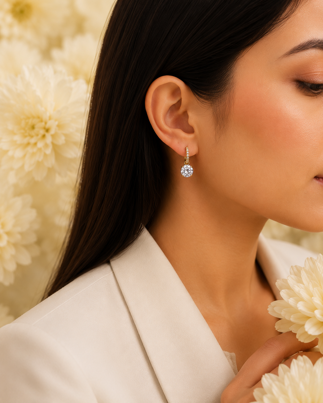 Gold-Toned Solitaire Crystal Drop Hoop Earrings for Women | Elegant Everyday Earrings
