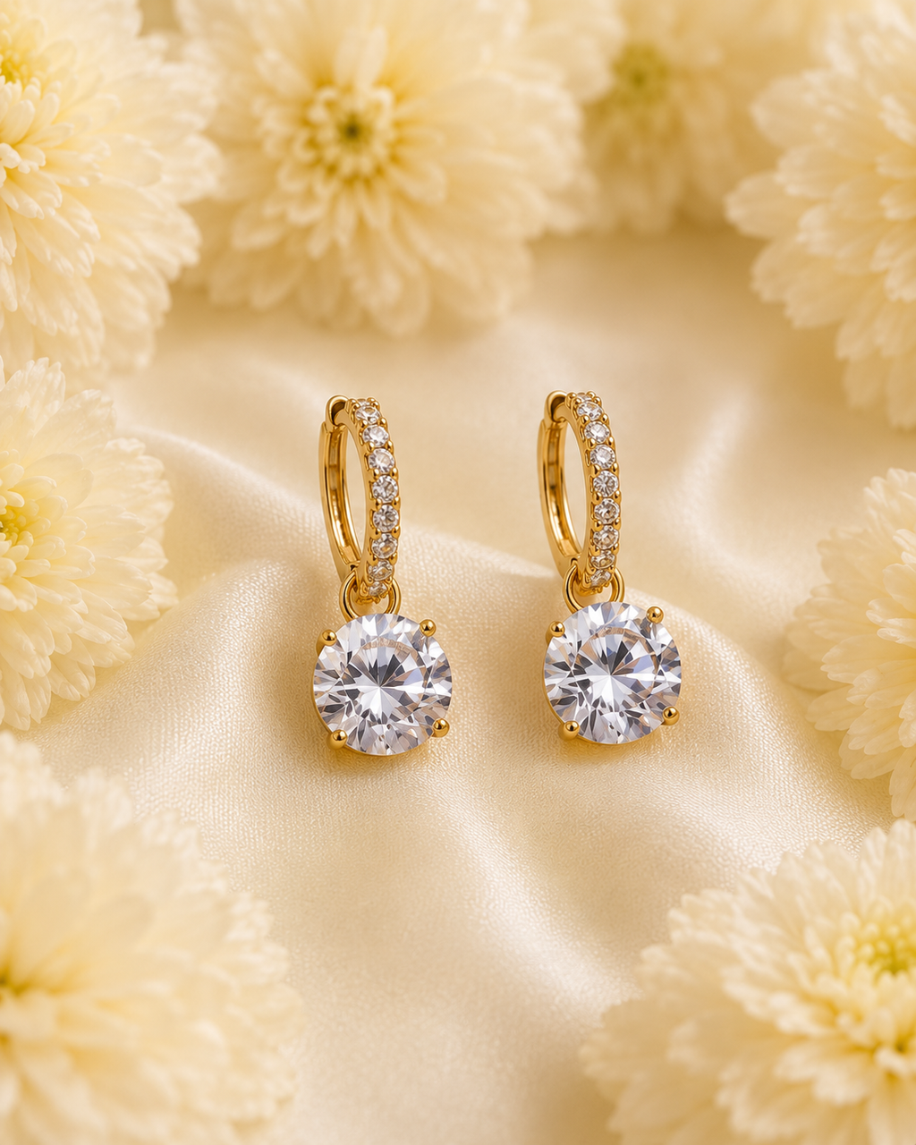 Gold-Toned Solitaire Crystal Drop Hoop Earrings for Women | Elegant Everyday Earrings