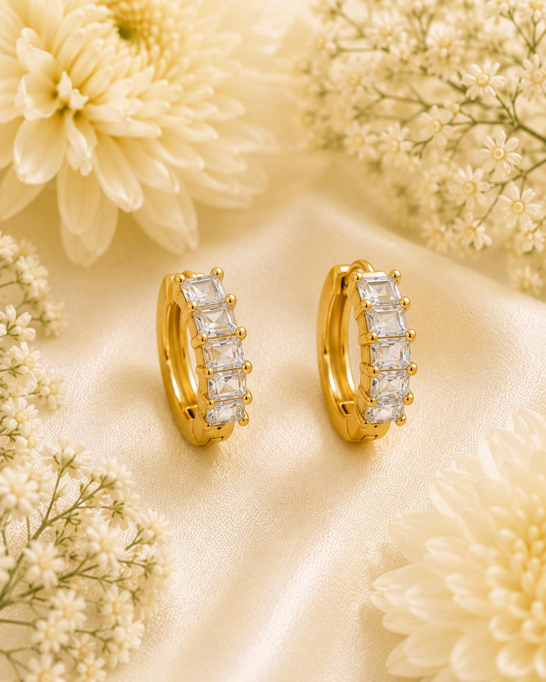 Gold-Toned Emerald Cut Crystal Hoop Earrings for Women | Elegant Huggie Earrings