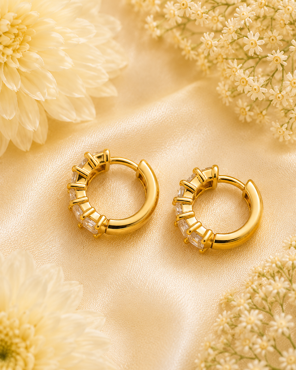 Gold-Toned Emerald Cut Crystal Hoop Earrings for Women | Elegant Huggie Earrings