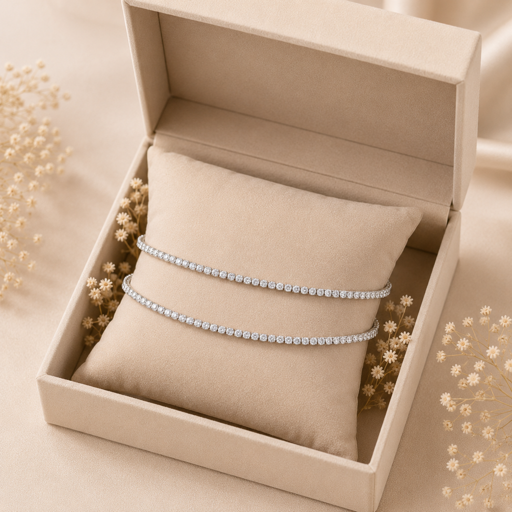 Elegant Silver Crystal Tennis Anklet for Women | Adjustable CZ Stone Anklet Pair