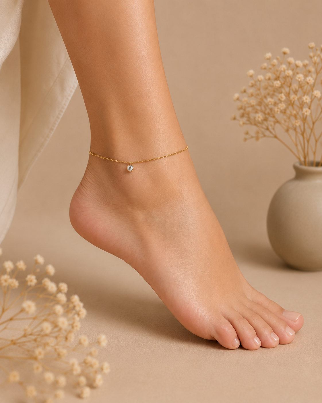 Minimalist Gold Solitaire Charm Anklet for Women | Adjustable Delicate Chain Anklet