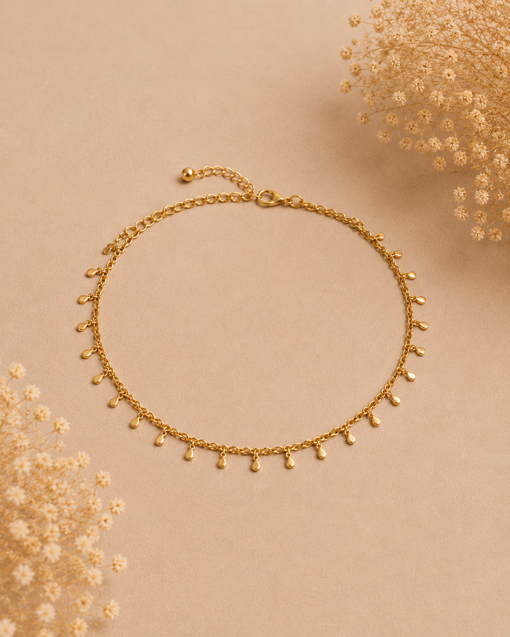 Delicate Gold Dangle Charm Anklet for Women | Adjustable Minimalist Beaded Chain Anklet