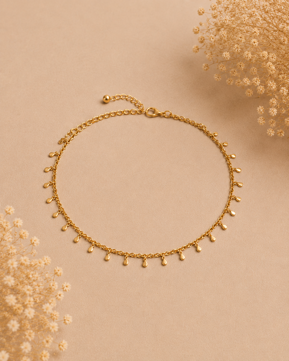Delicate Gold Dangle Charm Anklet for Women | Adjustable Minimalist Beaded Chain Anklet