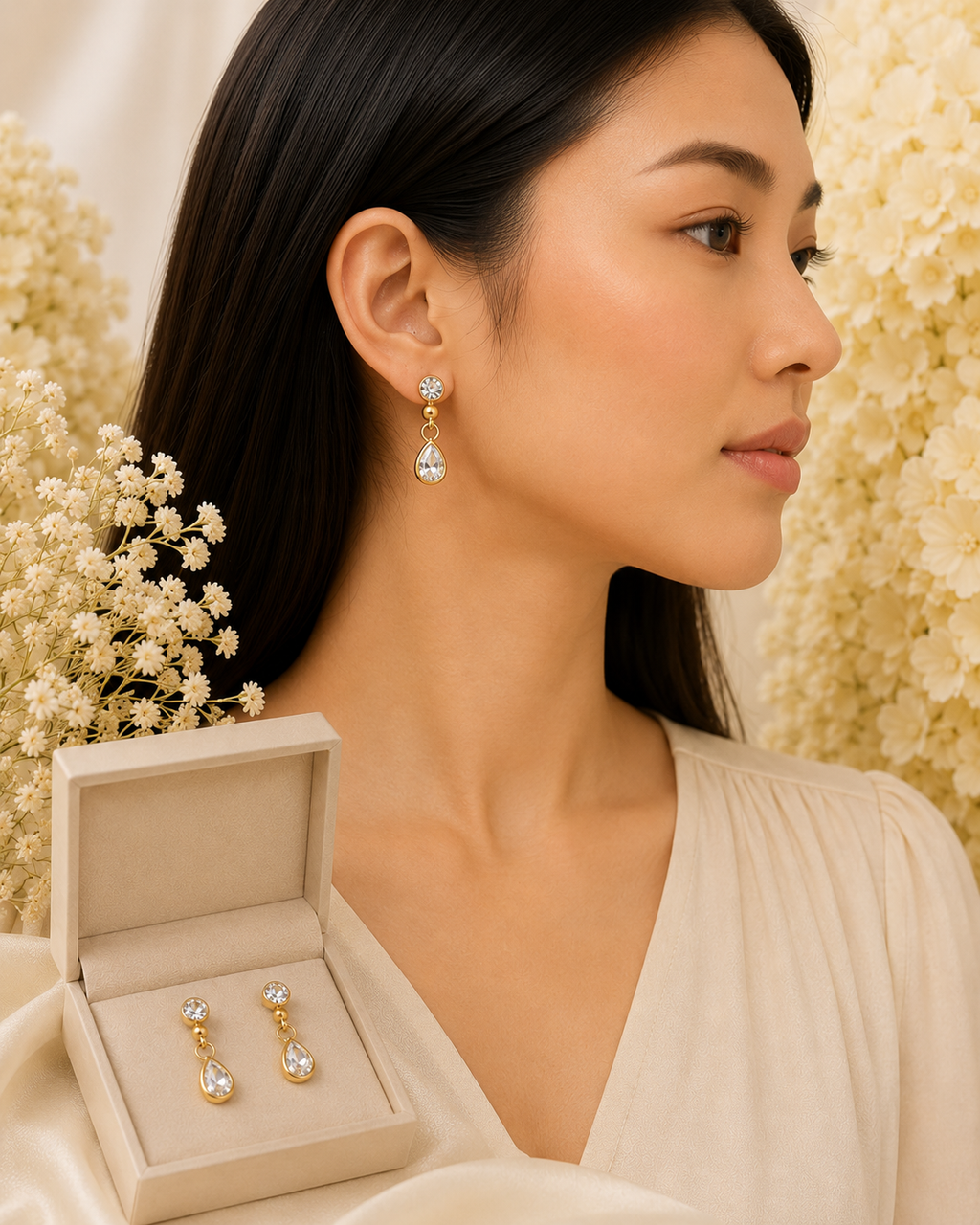 Gold-Toned Teardrop Crystal Dangle Earrings for Women | Minimal Elegant Drop Earrings