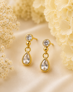 Gold-Toned Teardrop Crystal Dangle Earrings for Women | Minimal Elegant Drop Earrings