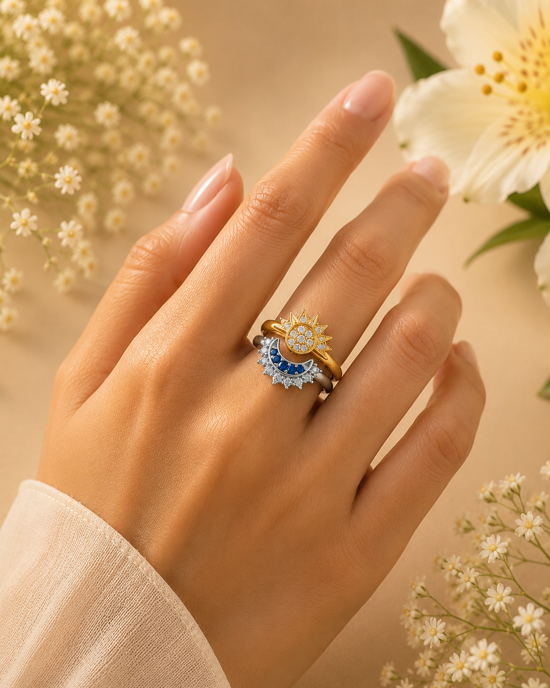 Adya Celestial Duo Sun & Moon Adjustable Ring Set for Women