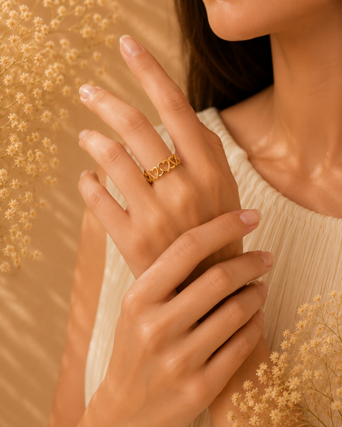 Adya Eternal Hearts Gold-Plated Band Ring for Women