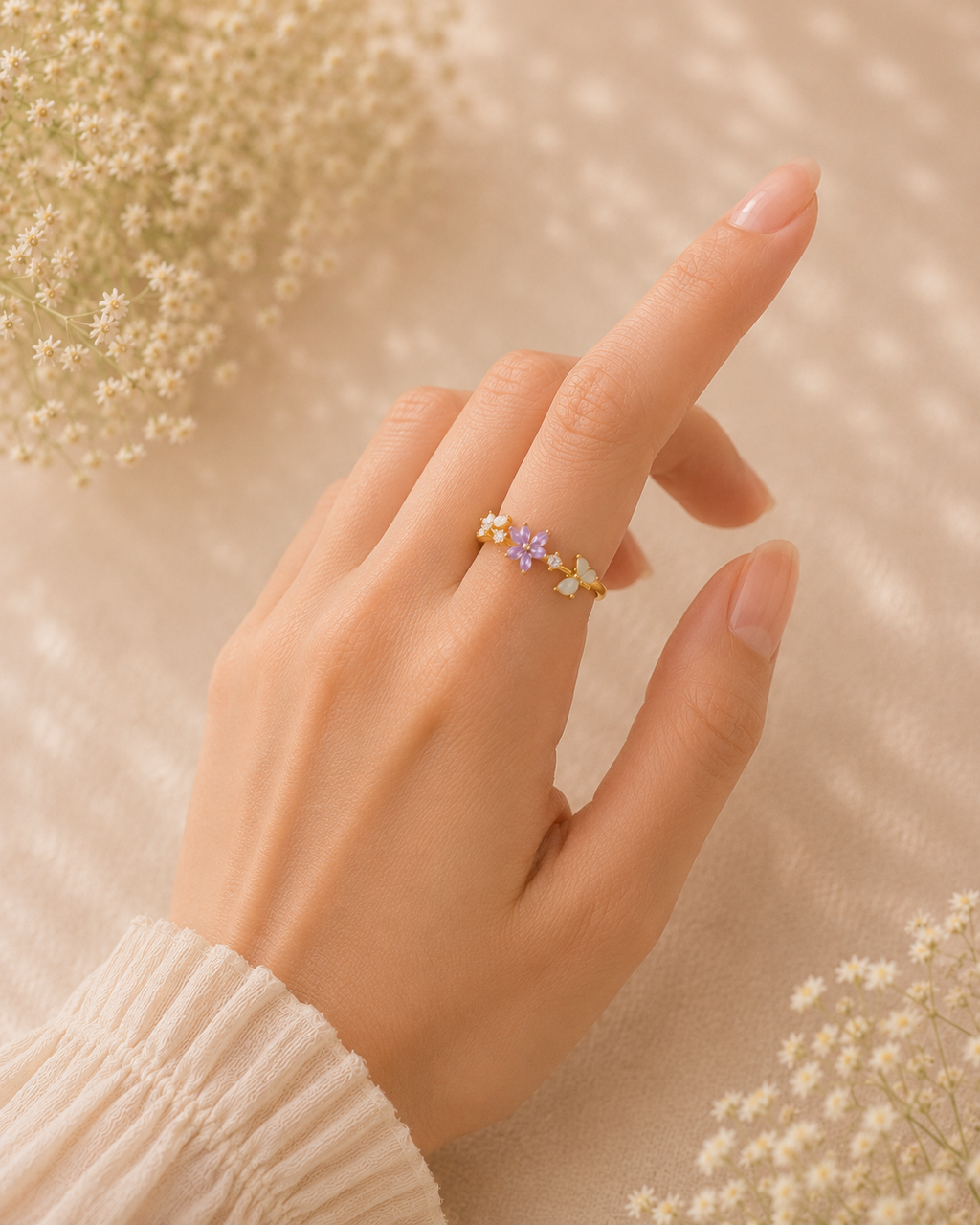 Adya Lilac Meadow Gold-Plated Floral Ring for Women