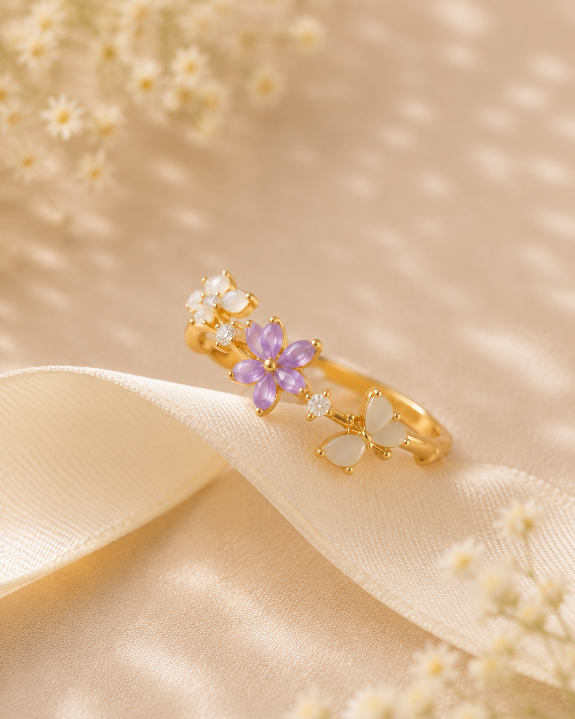 Adya Lilac Meadow Gold-Plated Floral Ring for Women