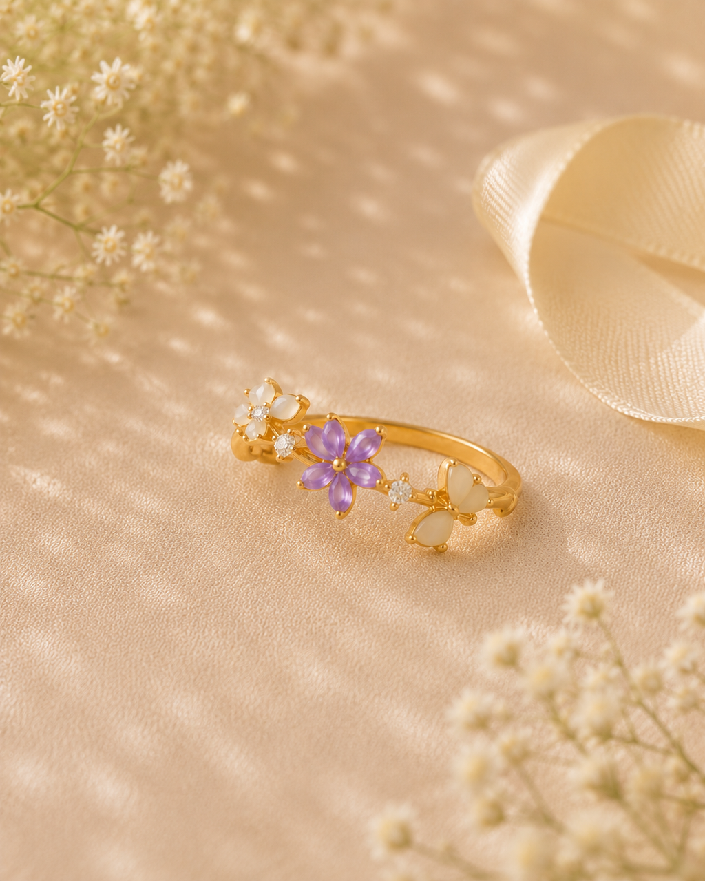 Adya Lilac Meadow Gold-Plated Floral Ring for Women