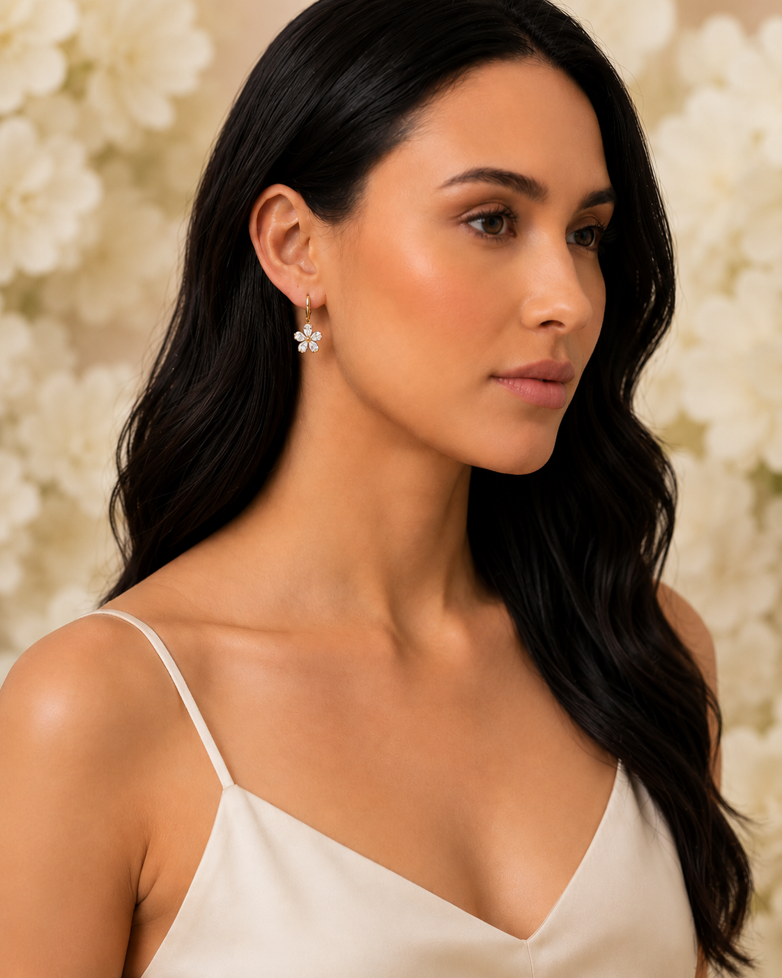 Gold-Toned Floral Crystal Hoop Earrings for Women | Daisy Charm Huggie Earrings