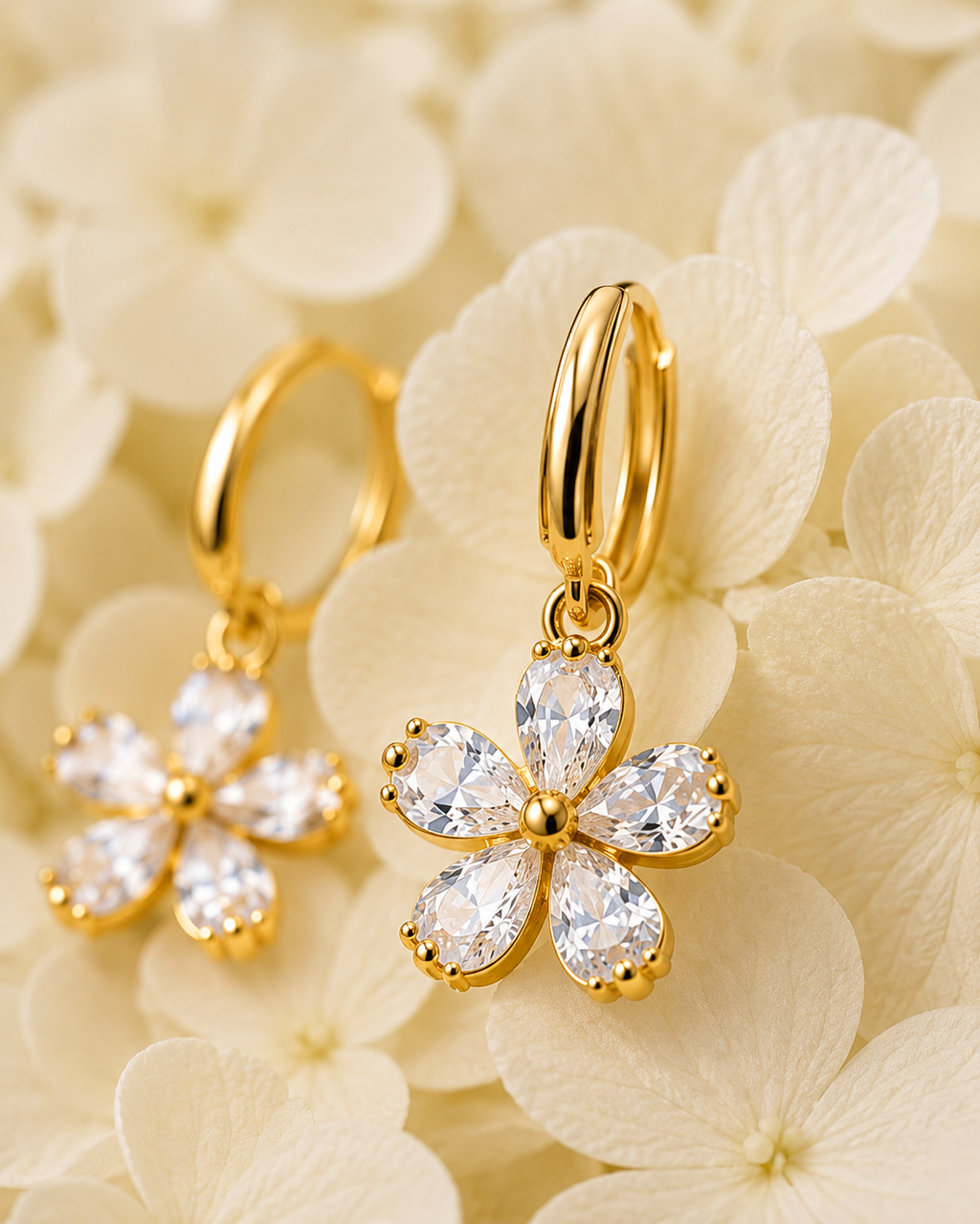 Gold-Toned Floral Crystal Hoop Earrings for Women | Daisy Charm Huggie Earrings