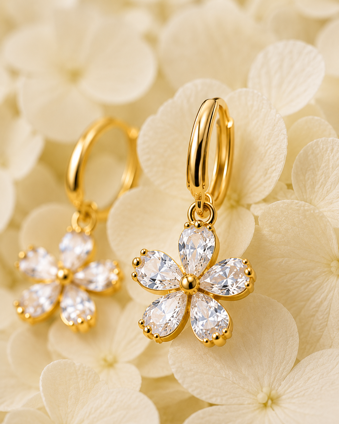 Gold-Toned Floral Crystal Hoop Earrings for Women | Daisy Charm Huggie Earrings