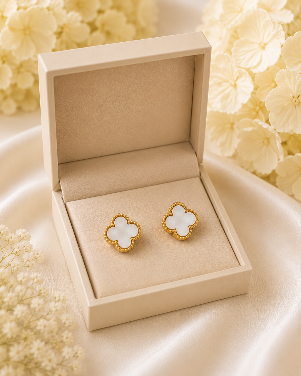 Gold-Toned Clover Mother of Pearl Stud Earrings for Women | Elegant Lucky Flower Earrings