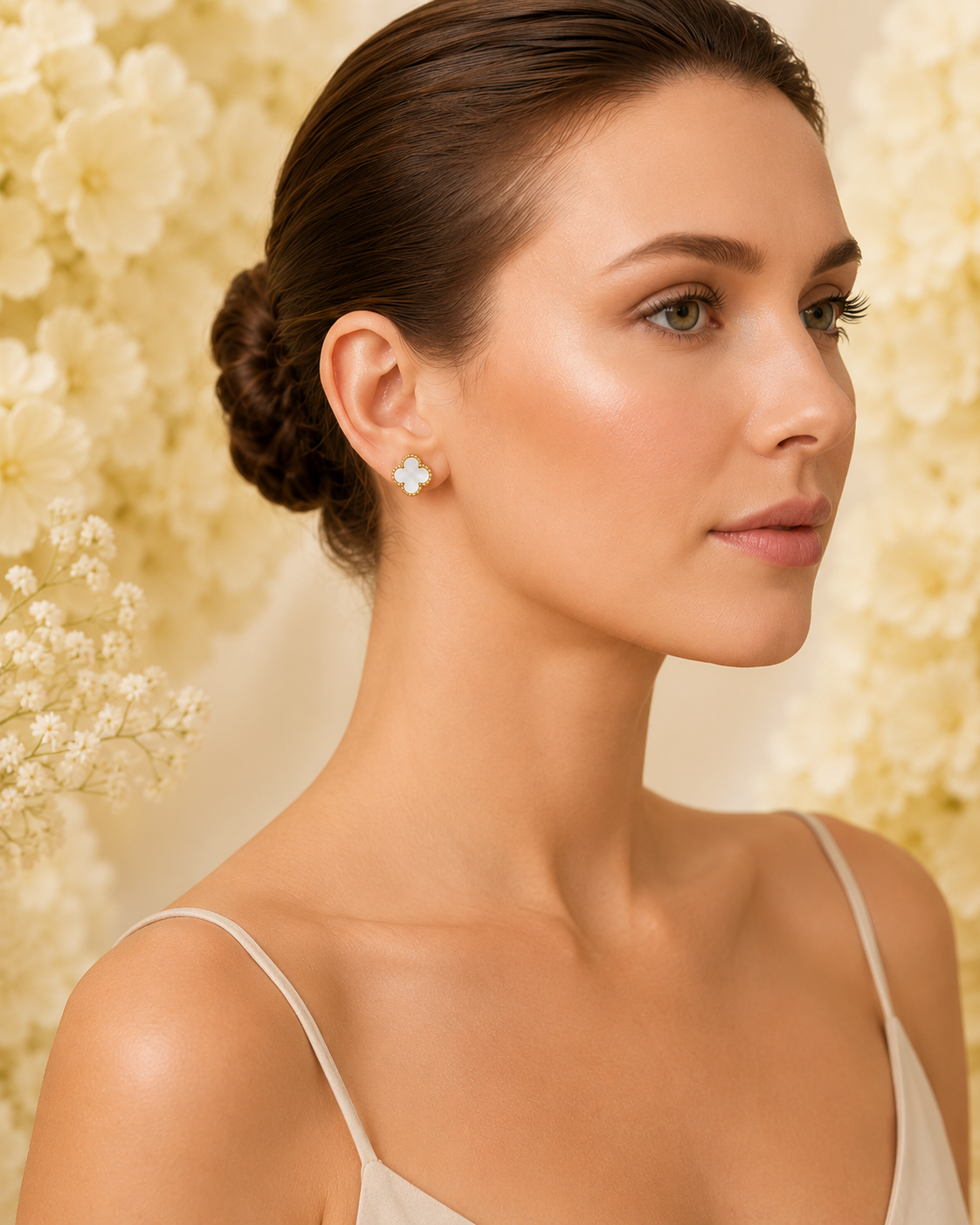 Gold-Toned Clover Mother of Pearl Stud Earrings for Women | Elegant Lucky Flower Earrings