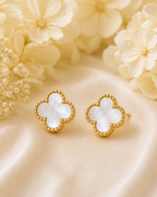 Gold-Toned Clover Mother of Pearl Stud Earrings for Women | Elegant Lucky Flower Earrings