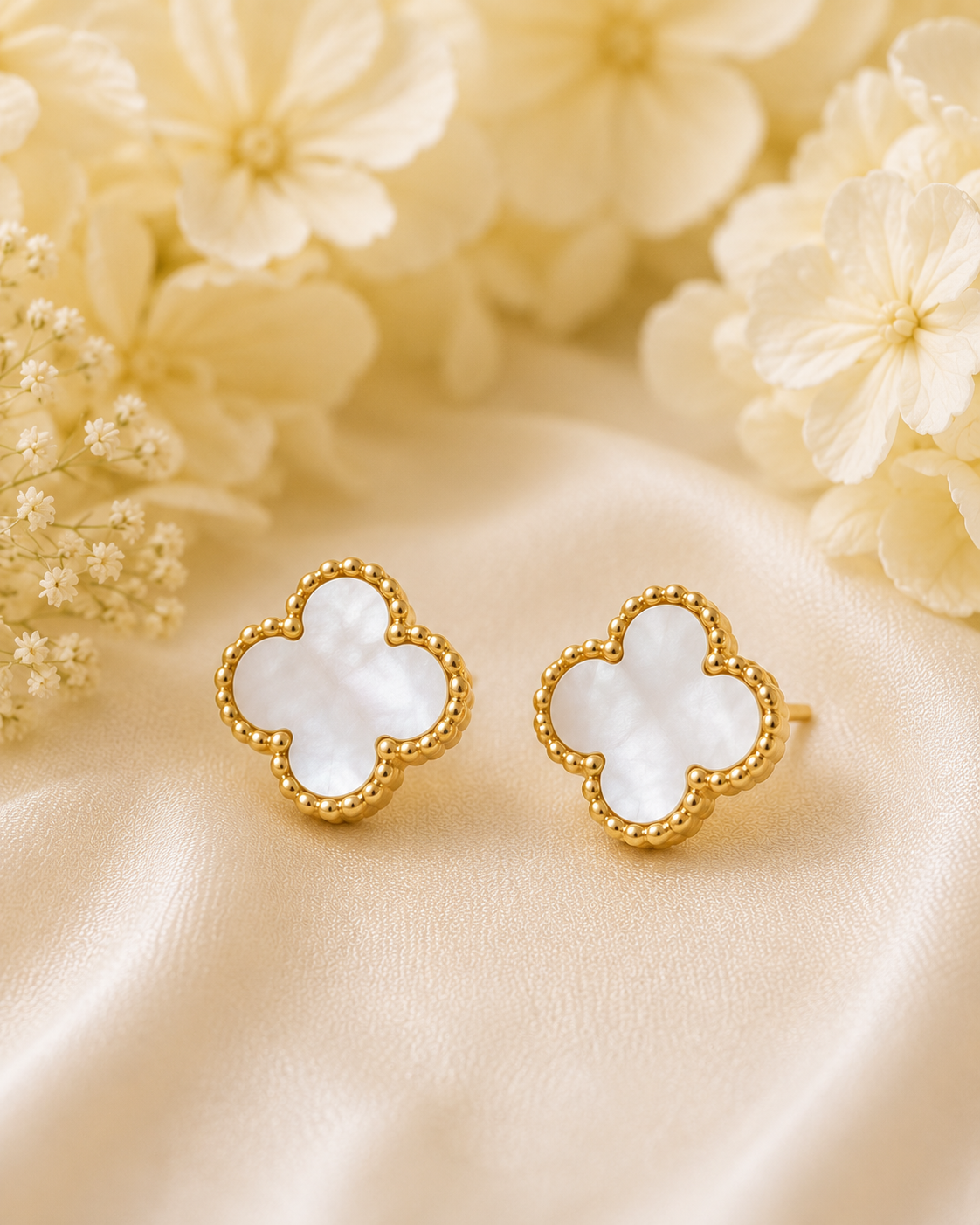 Gold-Toned Clover Mother of Pearl Stud Earrings for Women | Elegant Lucky Flower Earrings