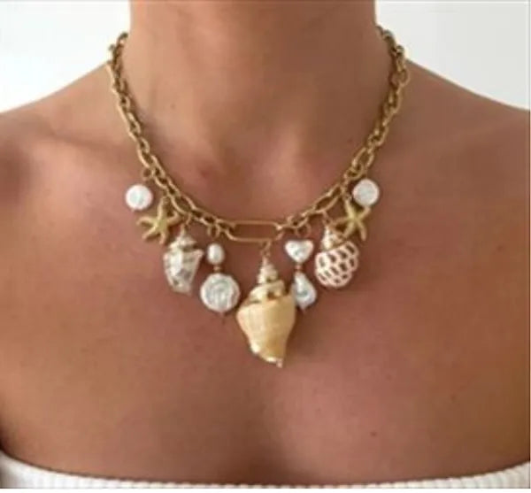 Gold-Toned Coastal Charm Necklace for Women | Pearl &amp; Shell Statement Charm Necklace