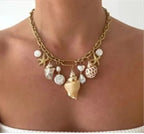 Gold-Toned Coastal Charm Necklace for Women | Pearl &amp; Shell Statement Charm Necklace
