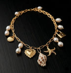 Gold-Toned Coastal Charm Necklace for Women | Pearl &amp; Shell Statement Charm Necklace