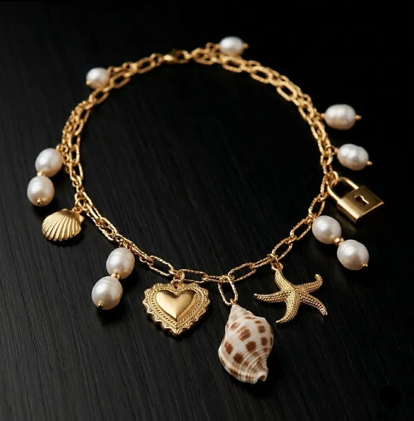 Gold-Toned Coastal Charm Necklace for Women | Pearl &amp; Shell Statement Charm Necklace