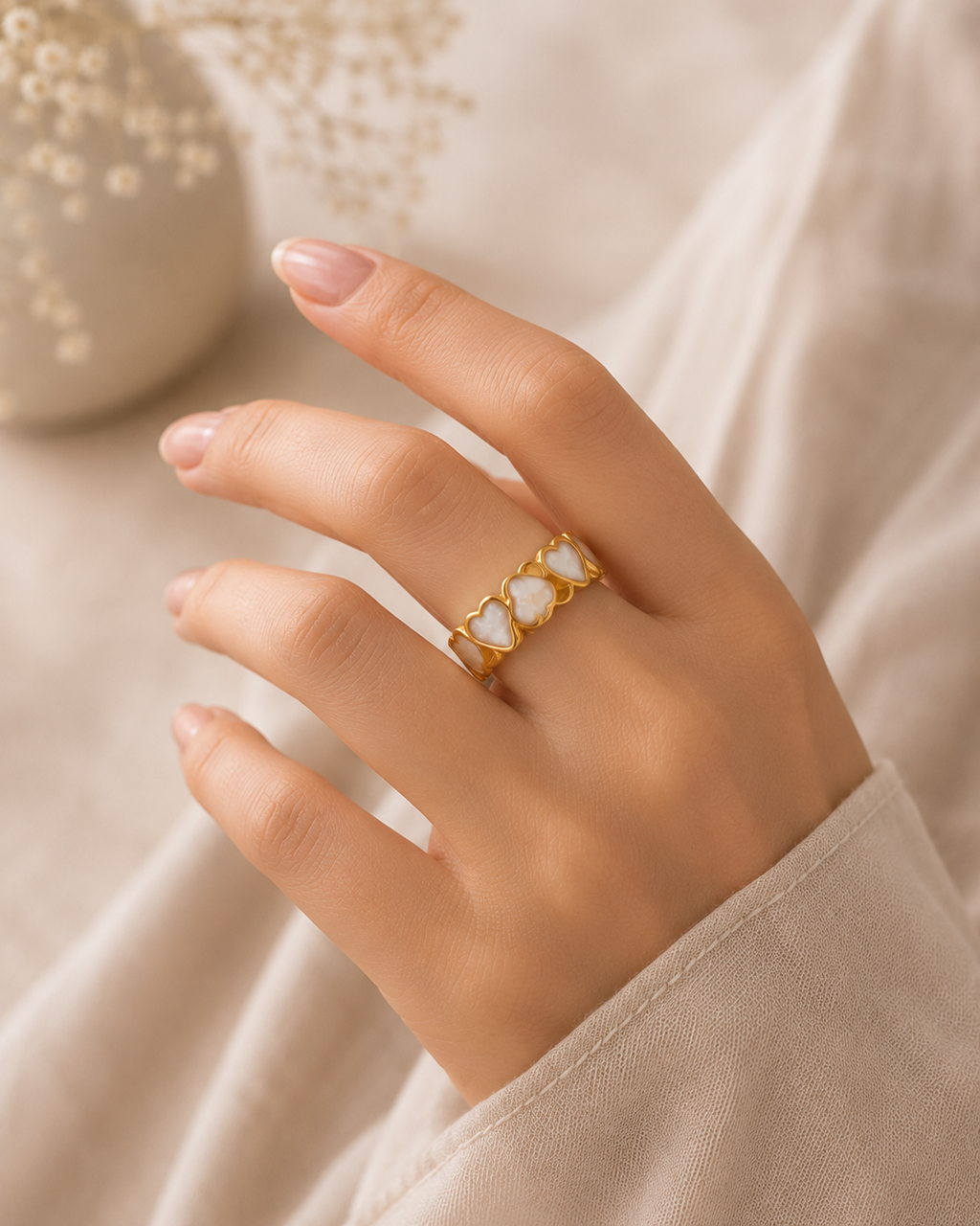 Adya Pearl Hearts Gold-Plated Band Ring for Women