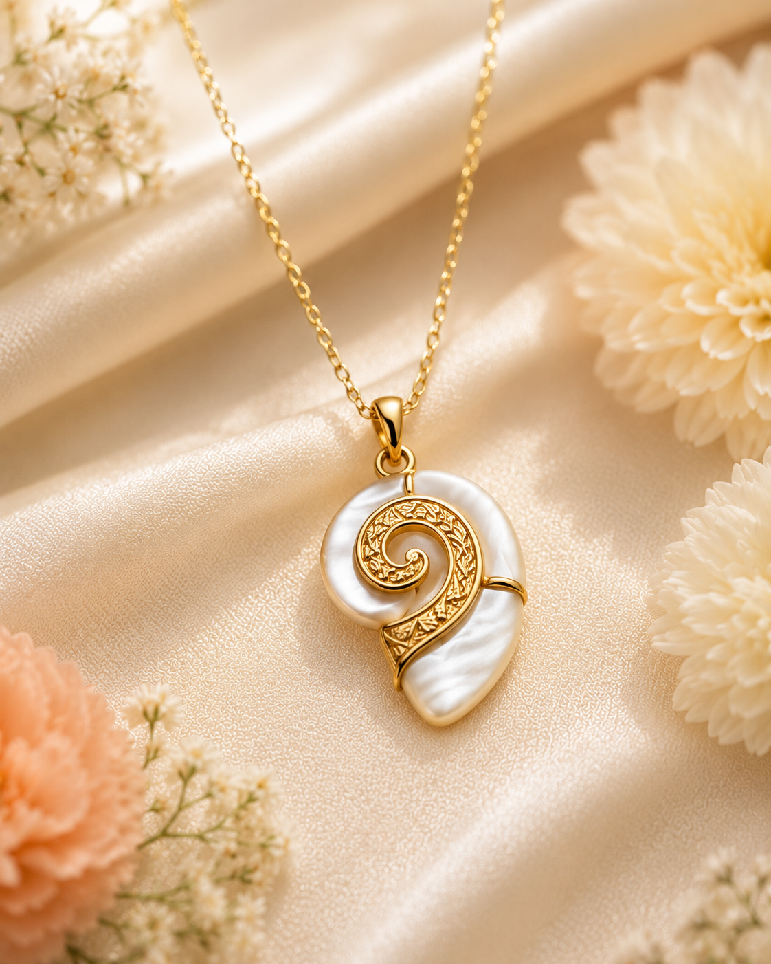Gold-Toned Spiral Shell Pendant Necklace for Women | Mother of Pearl Statement Necklace