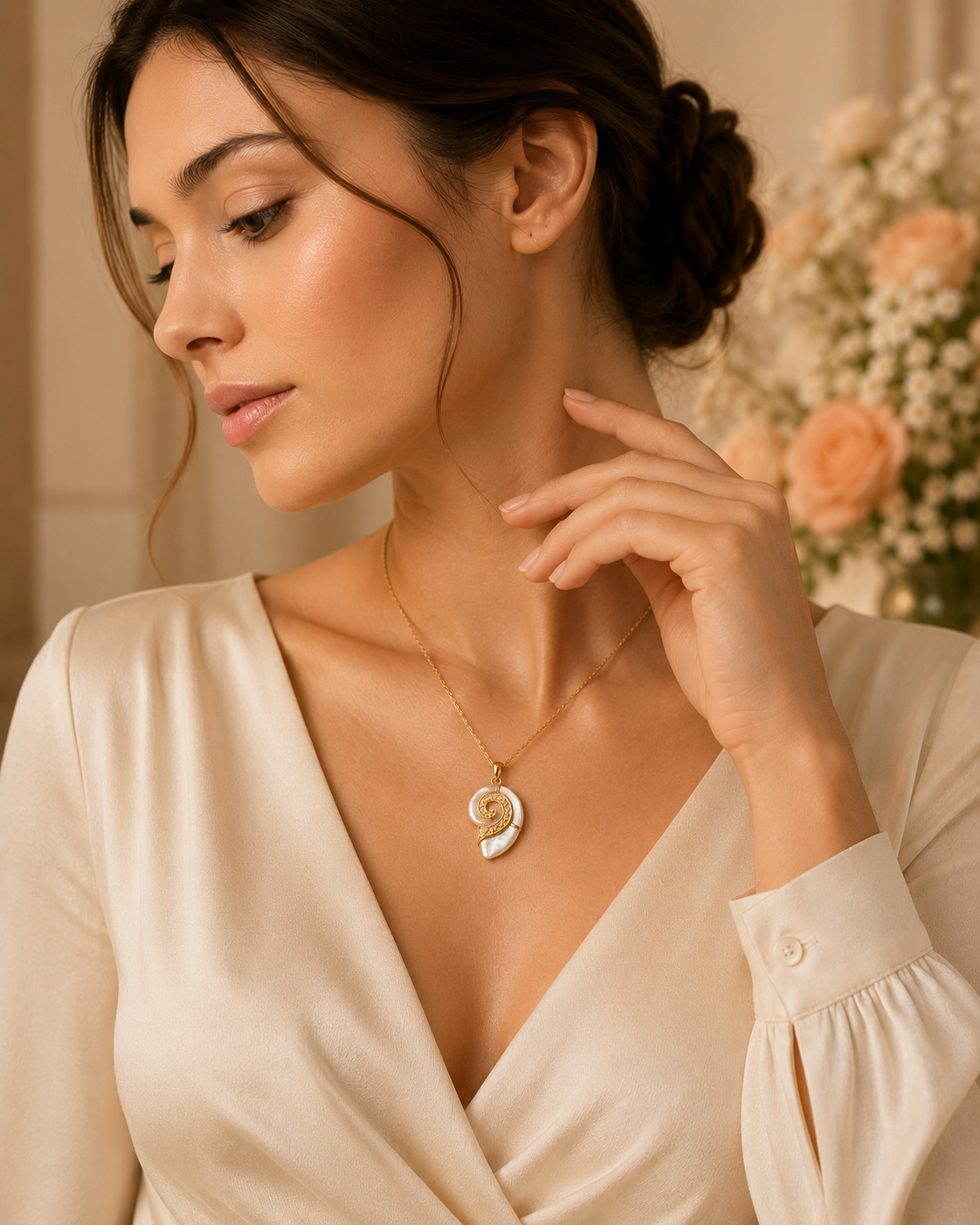 Gold-Toned Spiral Shell Pendant Necklace for Women | Mother of Pearl Statement Necklace