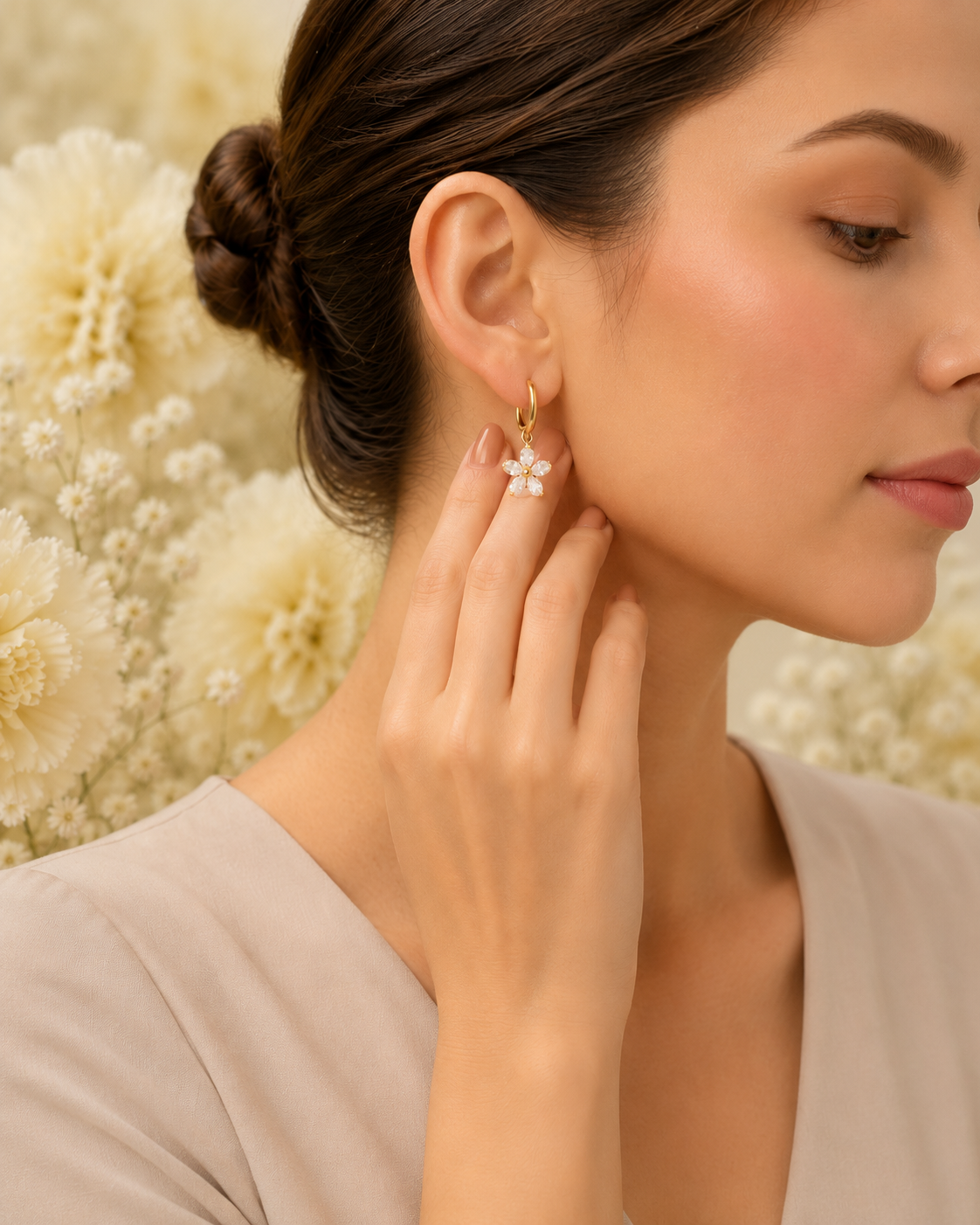 Gold-Toned Crystal Flower Hoop Earrings for Women | Floral Drop Dangle Earrings