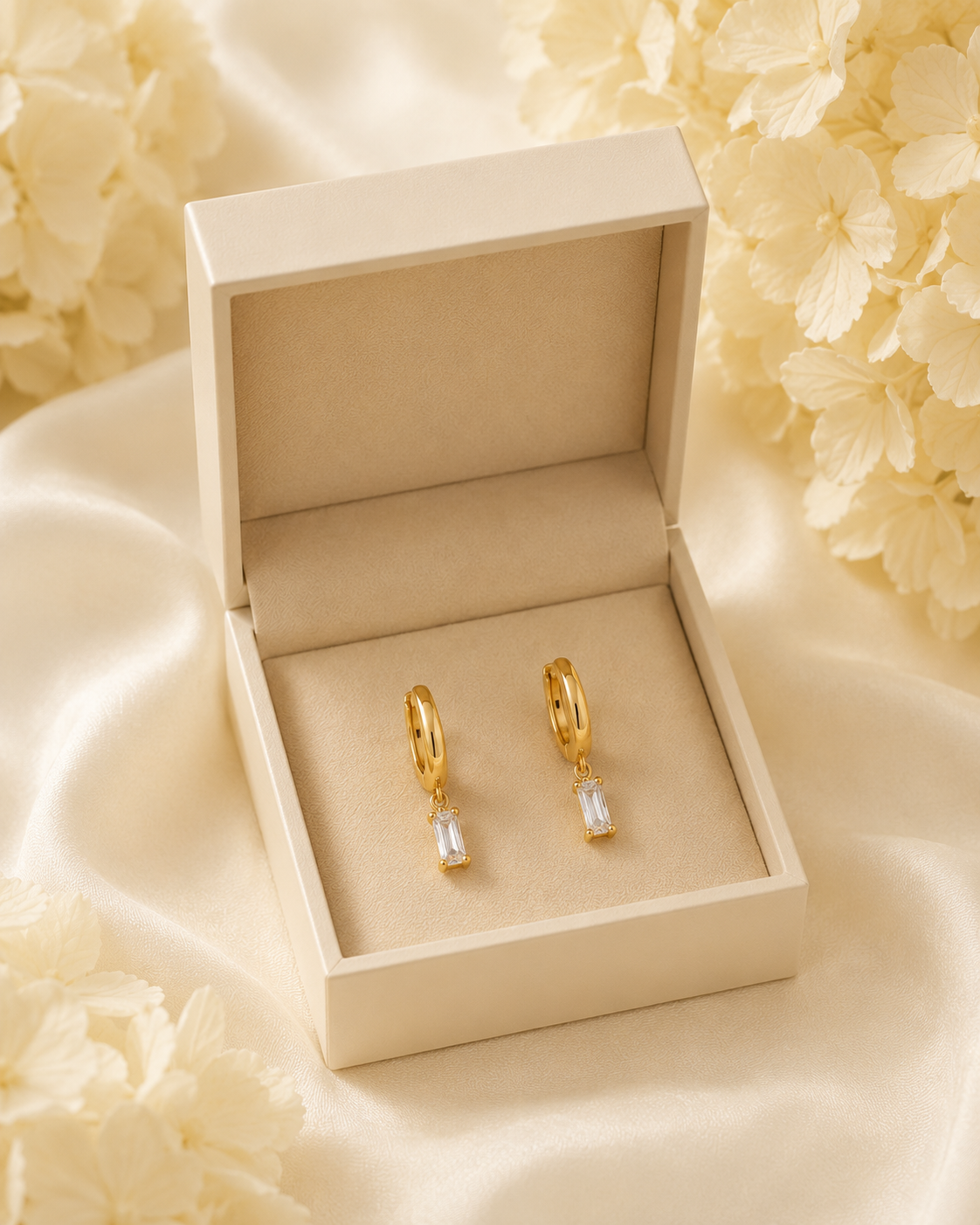 Gold-Toned Baguette Crystal Drop Hoop Earrings for Women | Minimal Dangle Earrings
