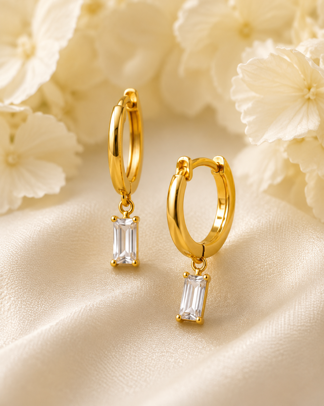 Gold-Toned Baguette Crystal Drop Hoop Earrings for Women | Minimal Dangle Earrings