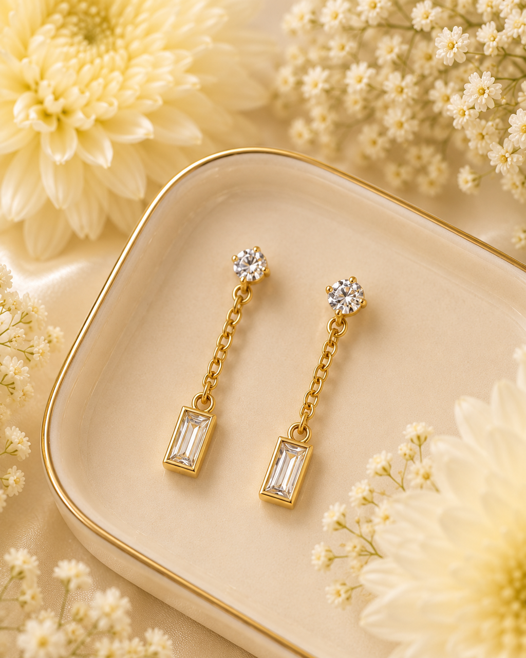 Gold-Toned Baguette Crystal Chain Drop Earrings for Women | Minimal Dangle Earrings