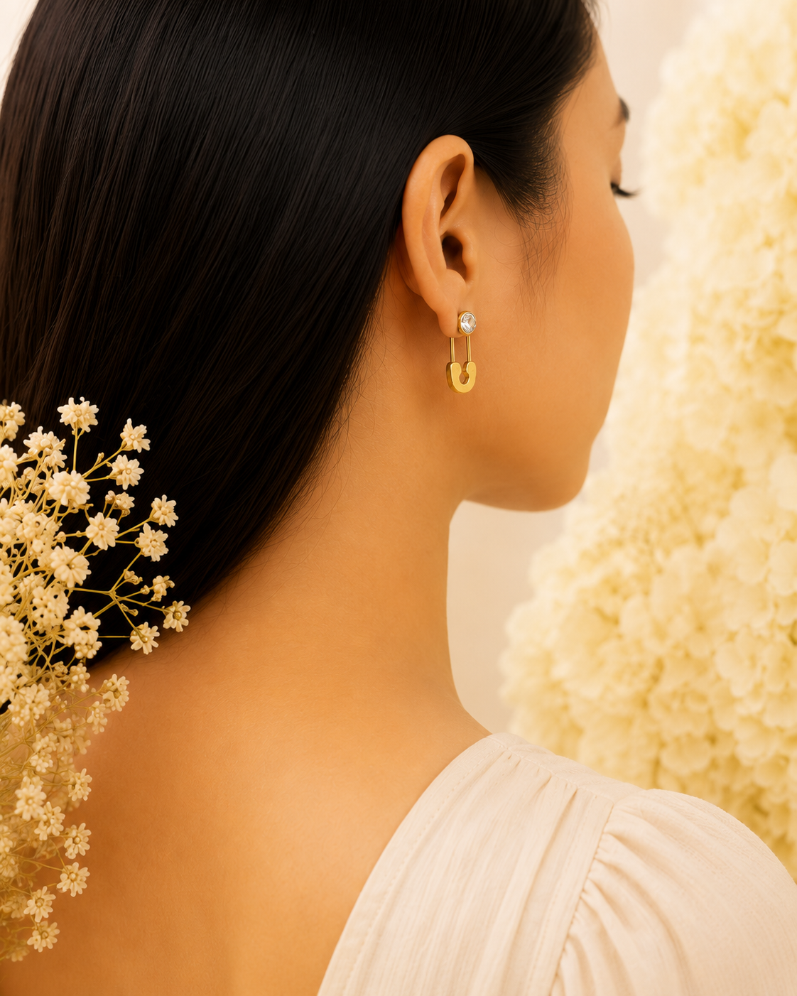 Gold-Toned Safety Pin Crystal Drop Earrings for Women | Contemporary Statement Stud Earrings