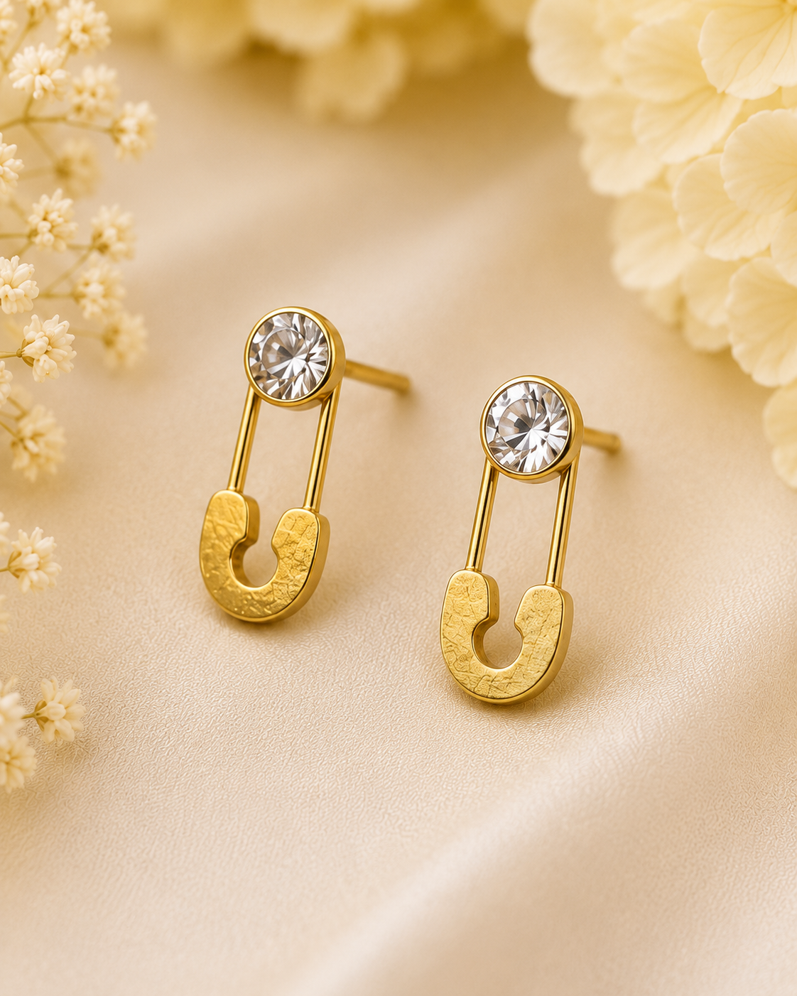 Gold-Toned Safety Pin Crystal Drop Earrings for Women | Contemporary Statement Stud Earrings