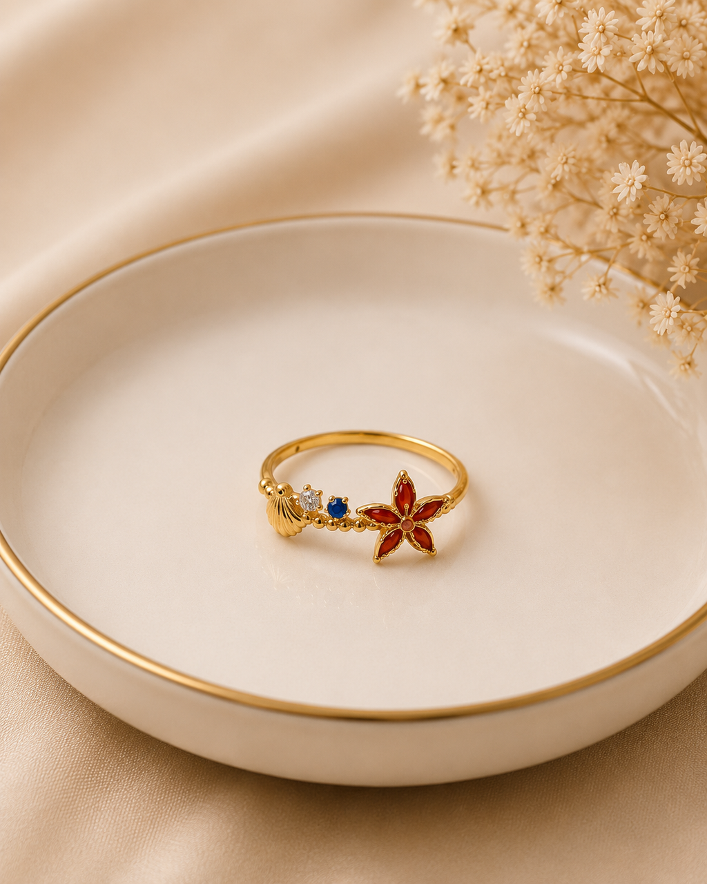 Adya Ocean Bloom Gold-Plated Adjustable Floral Ring for Women