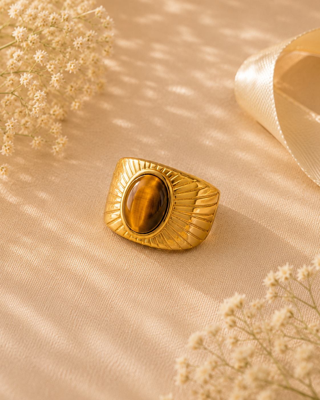 Adya Solar Glow Gold-Plated Tiger Eye Statement Ring for Women