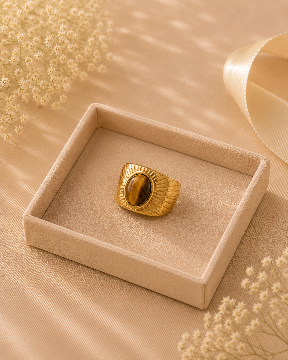 Adya Solar Glow Gold-Plated Tiger Eye Statement Ring for Women