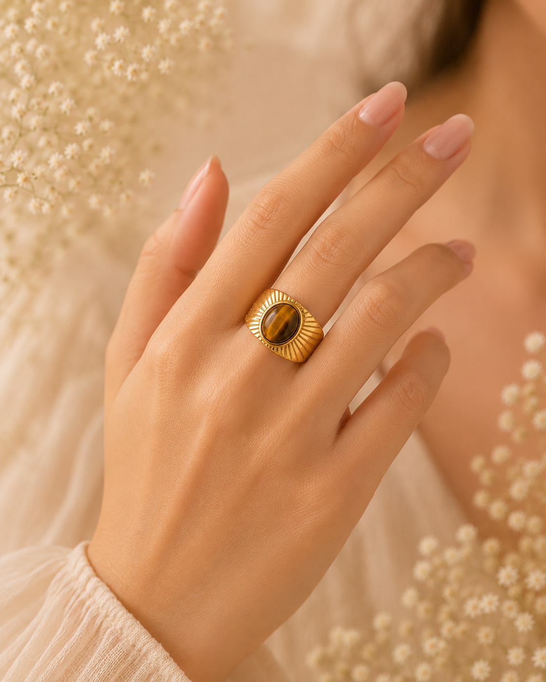 Adya Solar Glow Gold-Plated Tiger Eye Statement Ring for Women