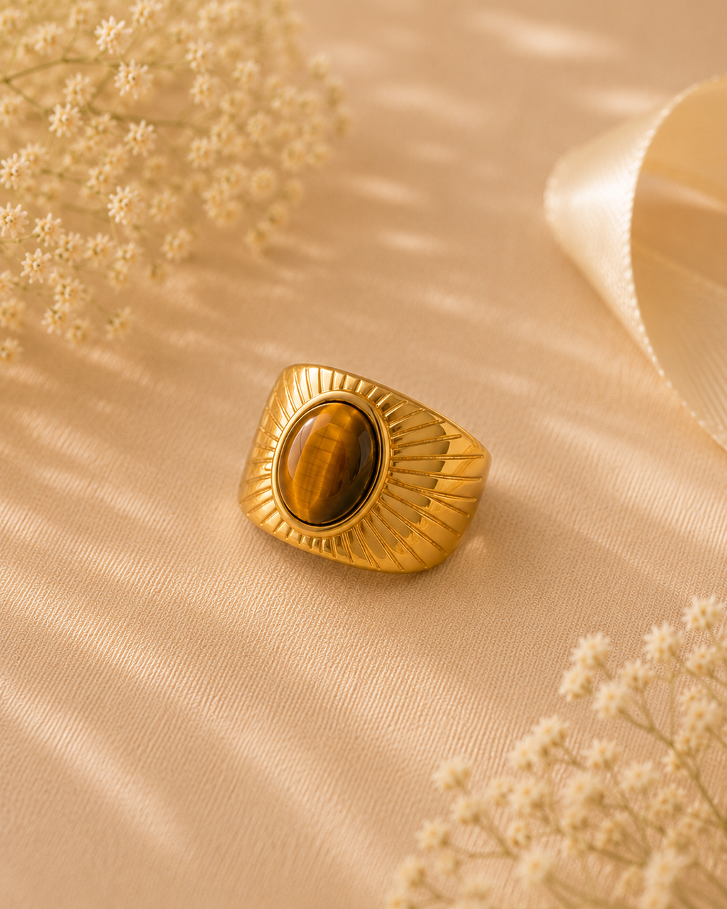 Adya Solar Glow Gold-Plated Tiger Eye Statement Ring for Women