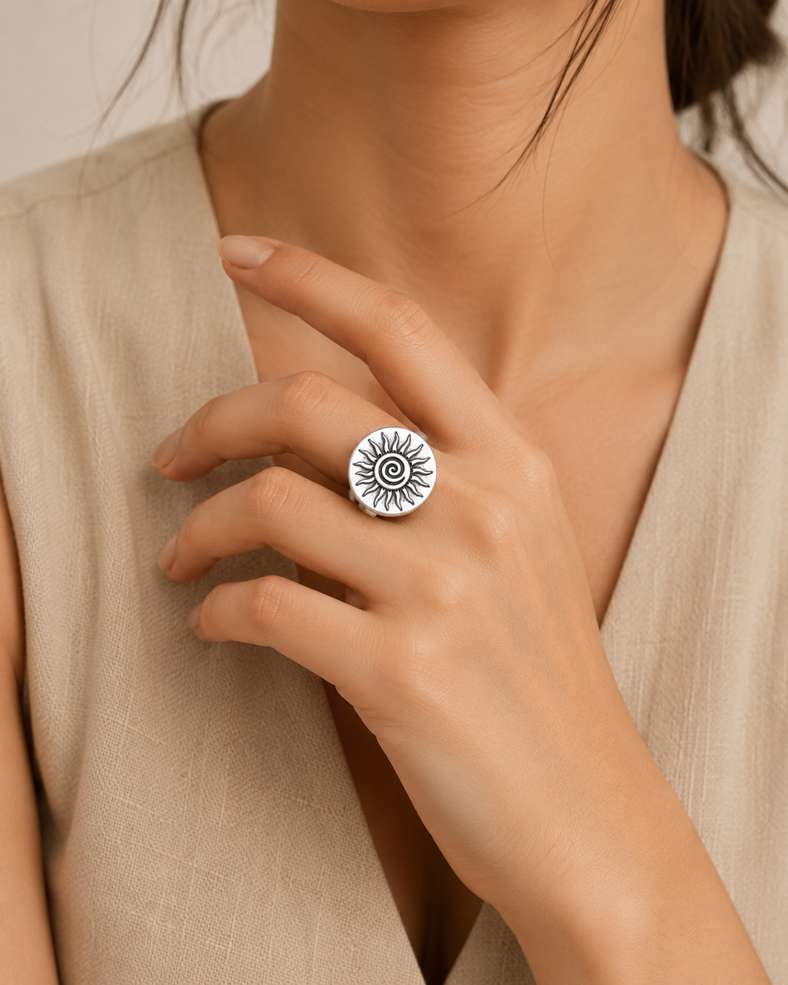 Adya Spiral Sun Silver-Toned Statement Ring for Women
