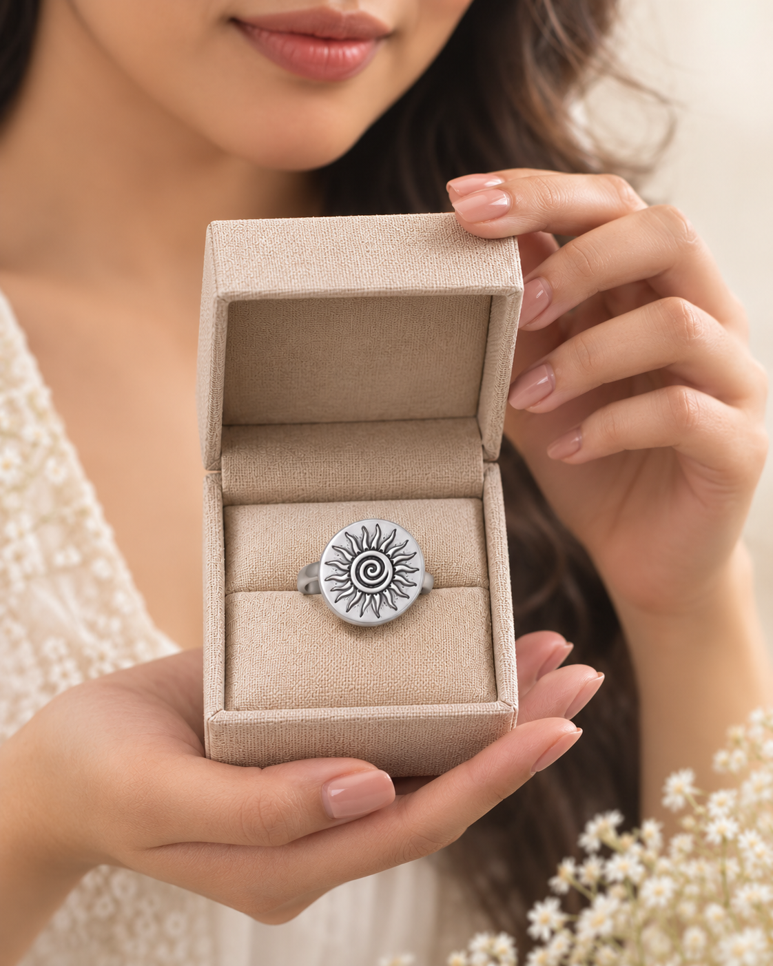 Adya Spiral Sun Silver-Toned Statement Ring for Women