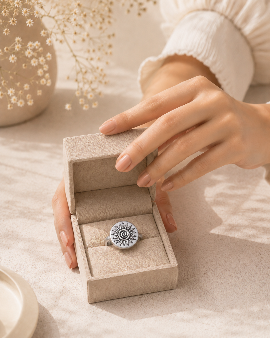 Adya Spiral Sun Silver-Toned Statement Ring for Women