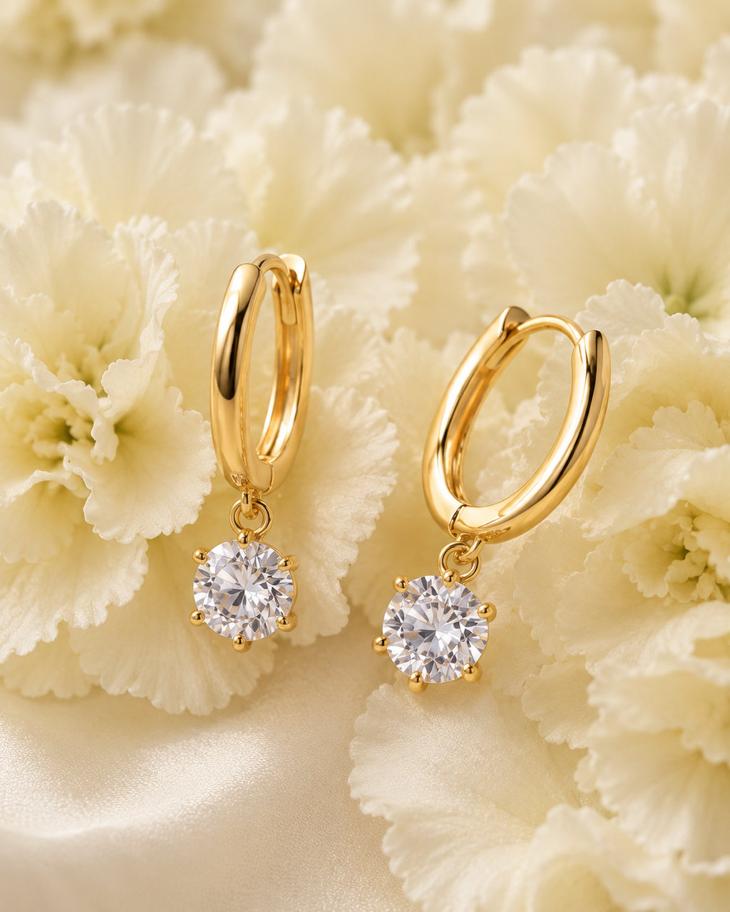Gold-Toned Solitaire Drop Hoop Earrings for Women | Minimal Crystal Dangle Earrings