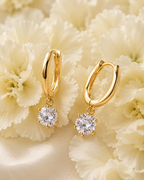 Gold-Toned Solitaire Drop Hoop Earrings for Women | Minimal Crystal Dangle Earrings